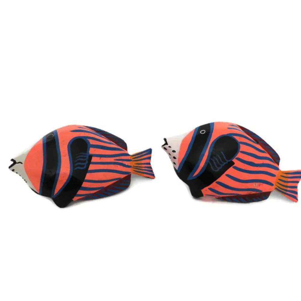 Large African Hand-Carved and Hand Painted Wood Pink Fish Napkin Rings Set of 2